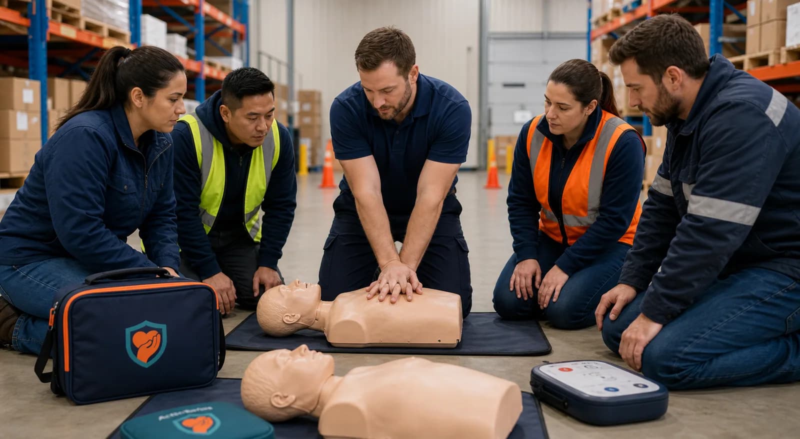 Warehouse workers learning first aid and CPR during group training