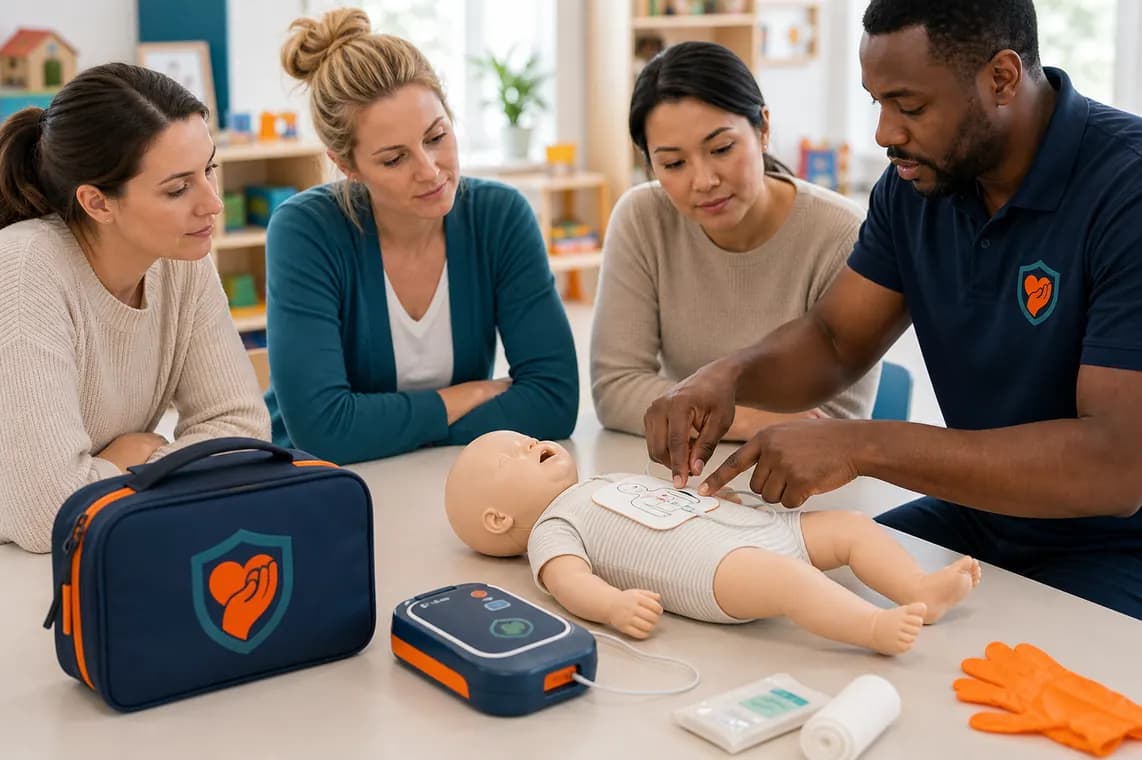Childcare first aid training with an infant CPR manikin and AED trainer