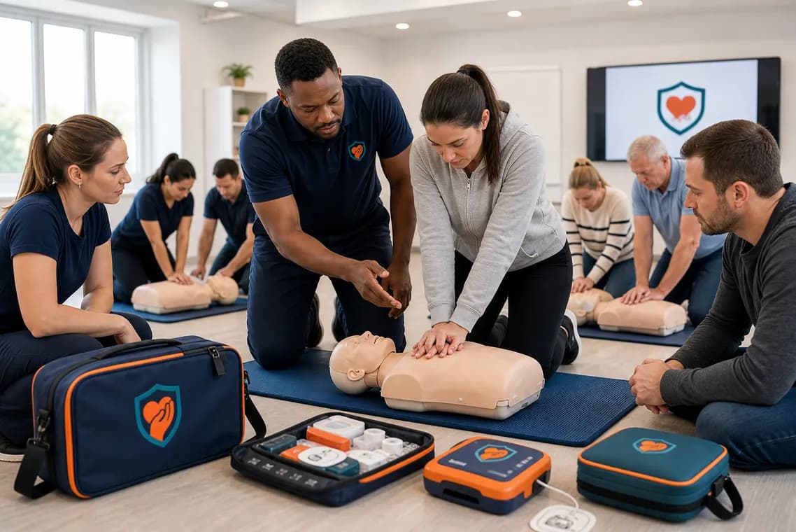 Group first aid and CPR training with learners practicing on manikins