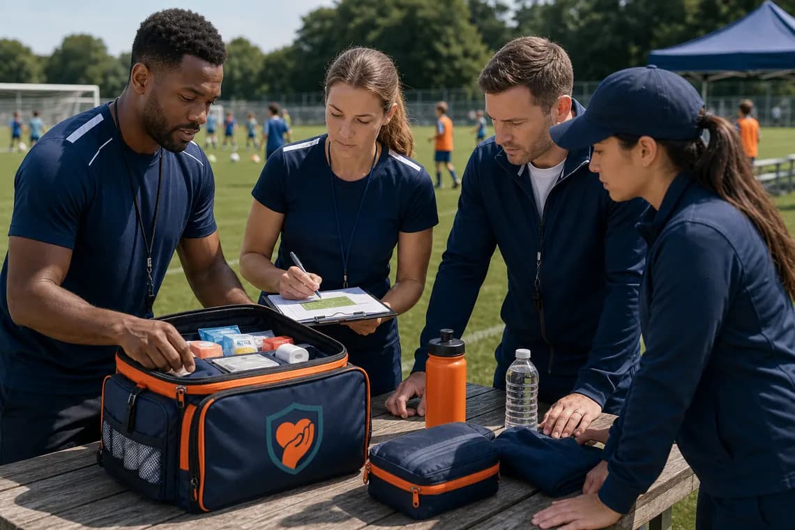 Sports volunteers preparing a first aid kit before a community event