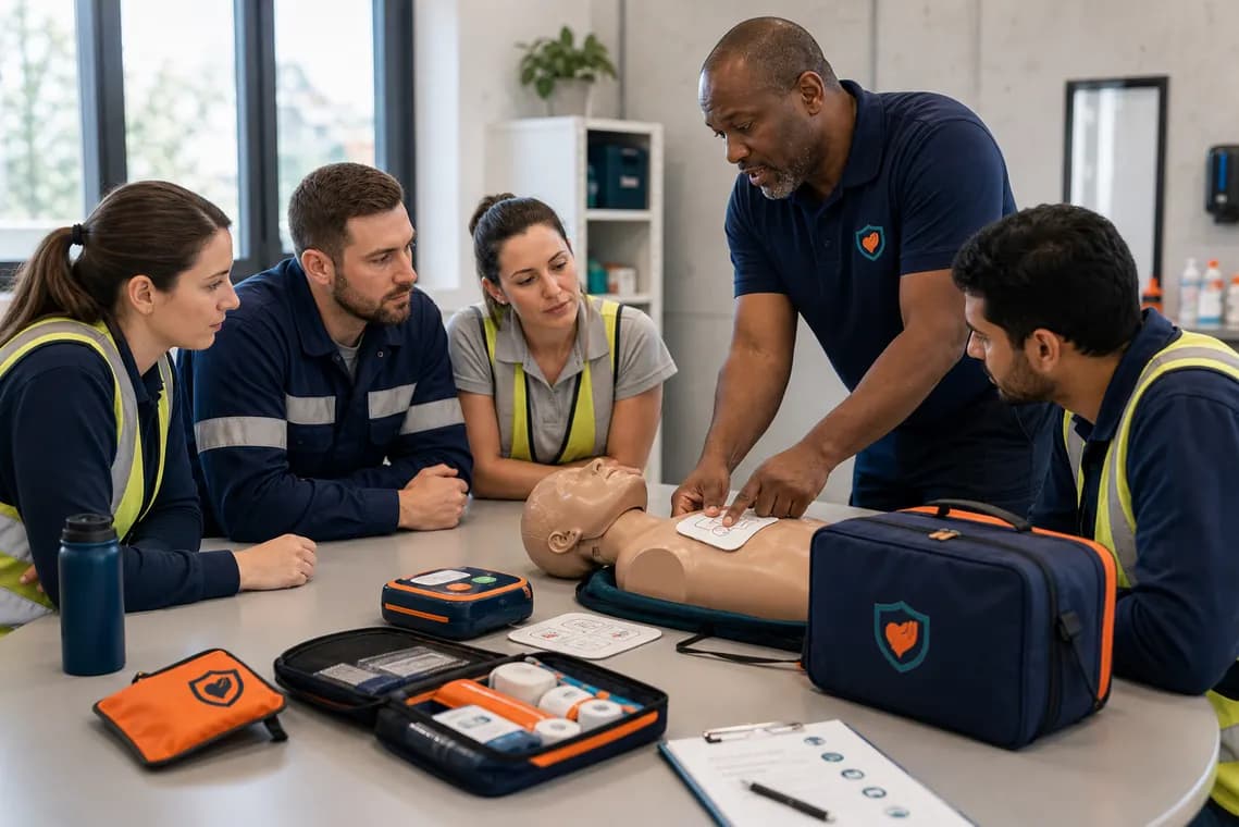 Workplace team learning first aid skills with training supplies